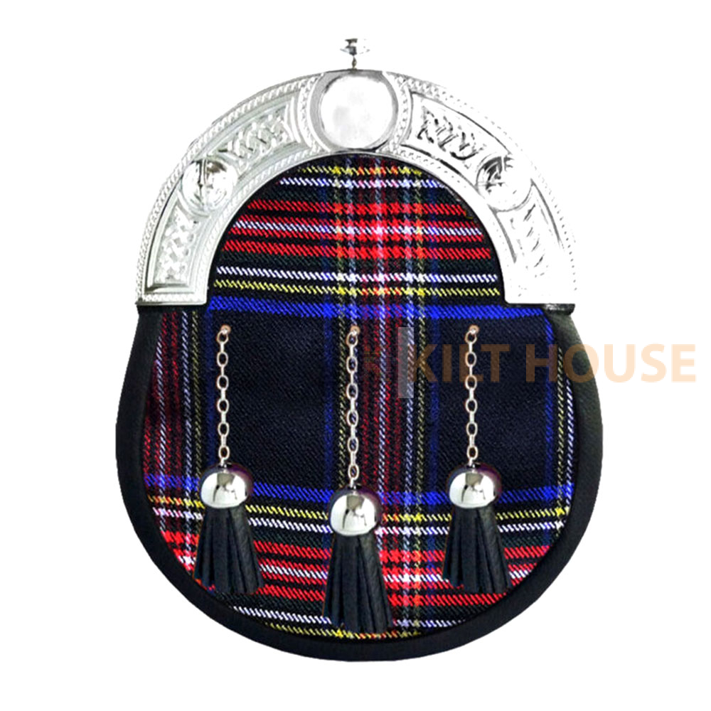 Black-Stewart-Tartan-Sporran.jpg Black Stewart Tartan Full Dress Leather Sporrans - Image 1