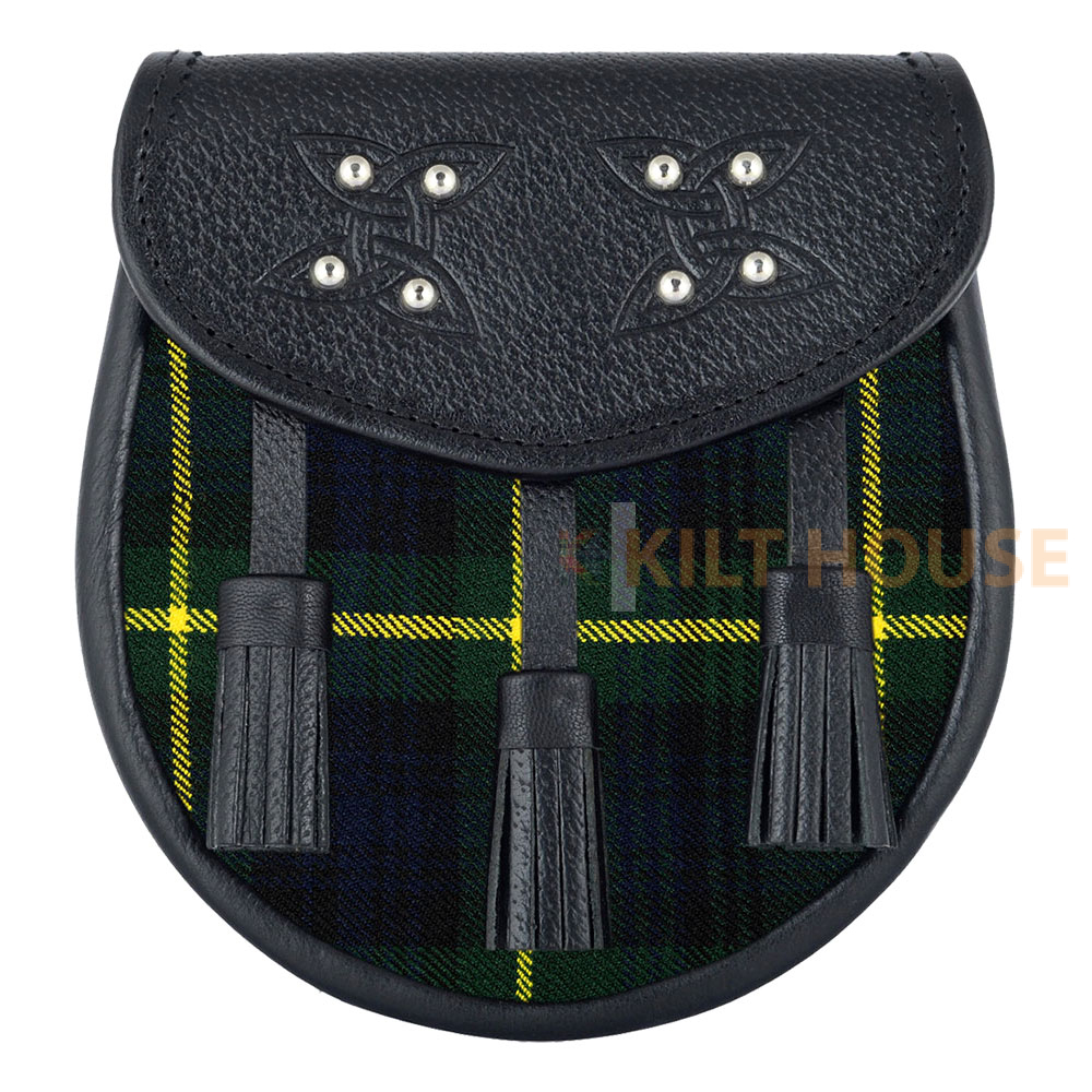 Gordon-tartan-black-leather-sporran-1.jpg Scottish Sporran Gordon Tartan Black Leather - Image 1