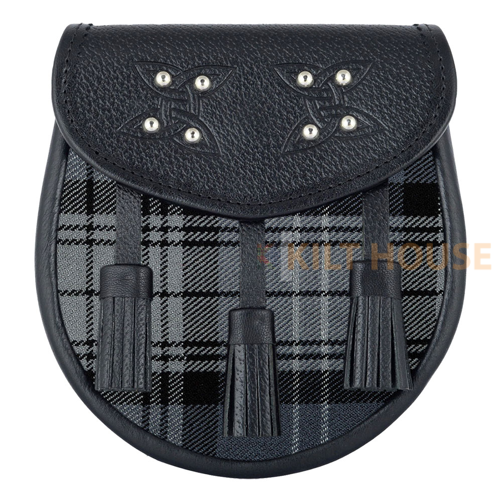 Hamilton-Grey-Tartan-Black-Leather-Sporran-1.jpg Scottish Sporran Hamilton Grey Tartan Black Leather - Image 1