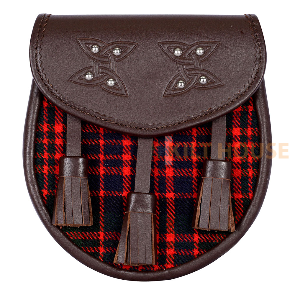 MacDonald-tartan-brown-leather-sporran-front-1.jpg Scottish Sporran MacDonald Tartan Brown Leather - Image 1
