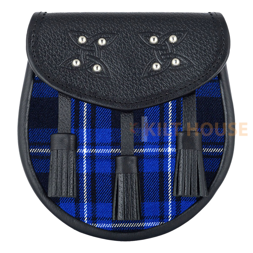 Ramsey-blue-tartan-black-leather-sporran-1.jpg Scottish Sporran Ramsey Blue Tartan Black Leather - Image 1