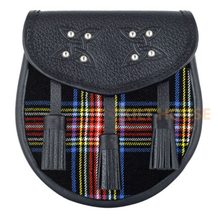 Scottish Sporran Black Stewart Tartan Black Leather