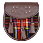Scottish Sporran Black Stewart Tartan Brown Leather