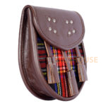 Scottish Sporran Black Stewart Tartan Brown Leather - Image 3