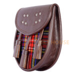 Scottish Sporran Black Stewart Tartan Brown Leather - Image 4