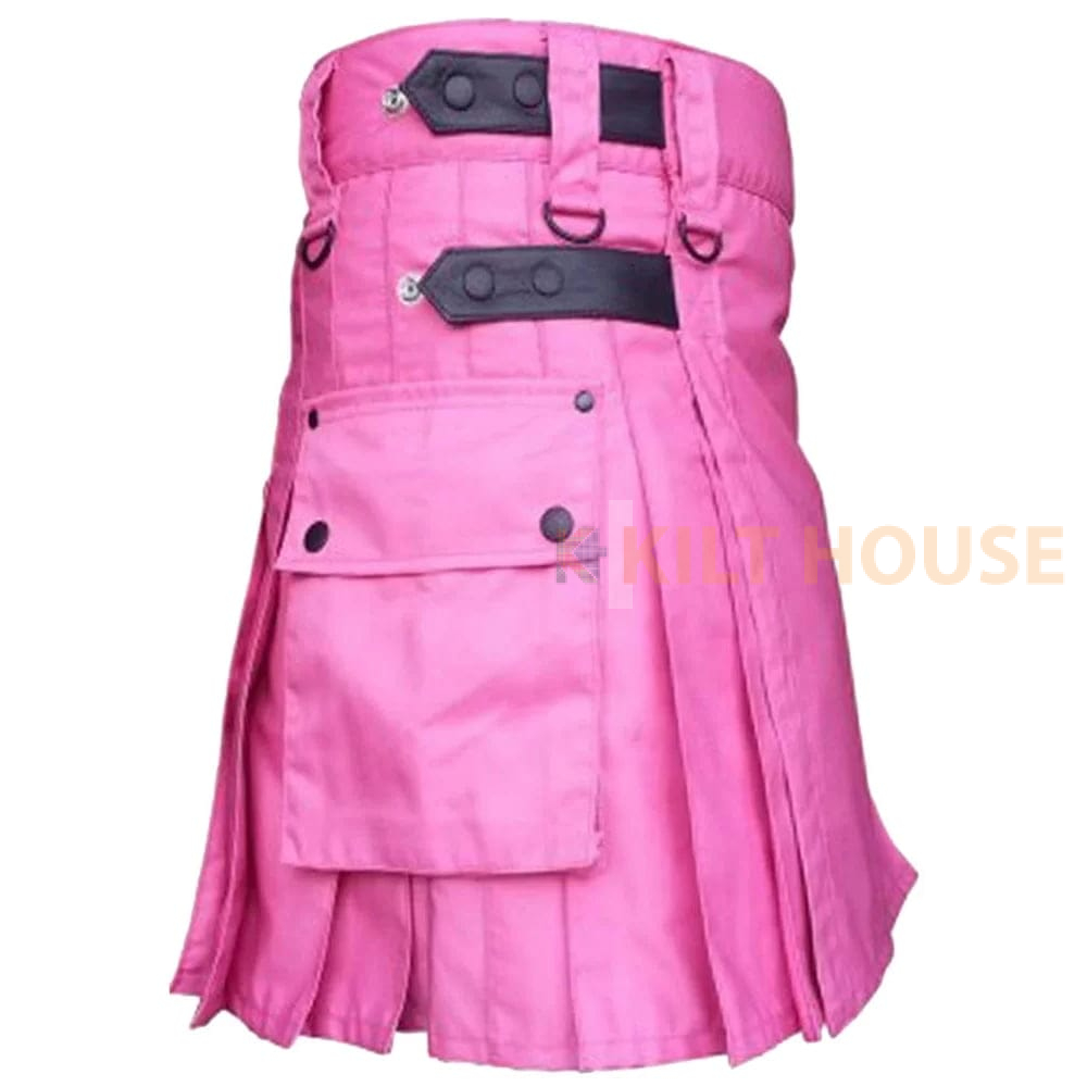 pink-cotton-with-leather-straps-2.jpg Pink Cotton Utility Kilt with adjustable Leather Straps - Image 1