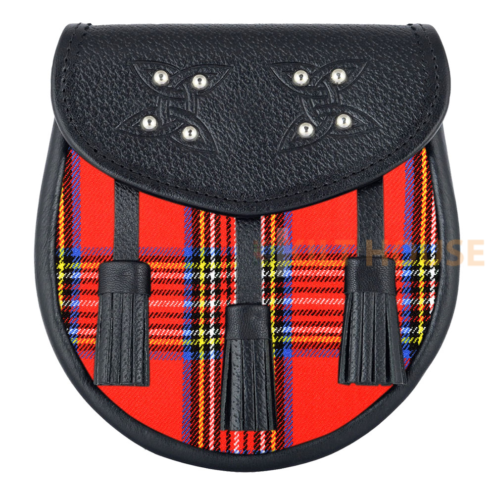 royal-Stewart-tartan-black-leather-sporran-1.jpg Scottish Sporran Royal Stewart Tartan Black Leather - Image 1
