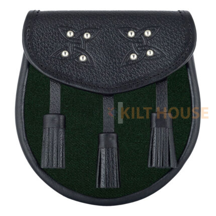 Scottish Sporran Solid Green Tartan Black Leather