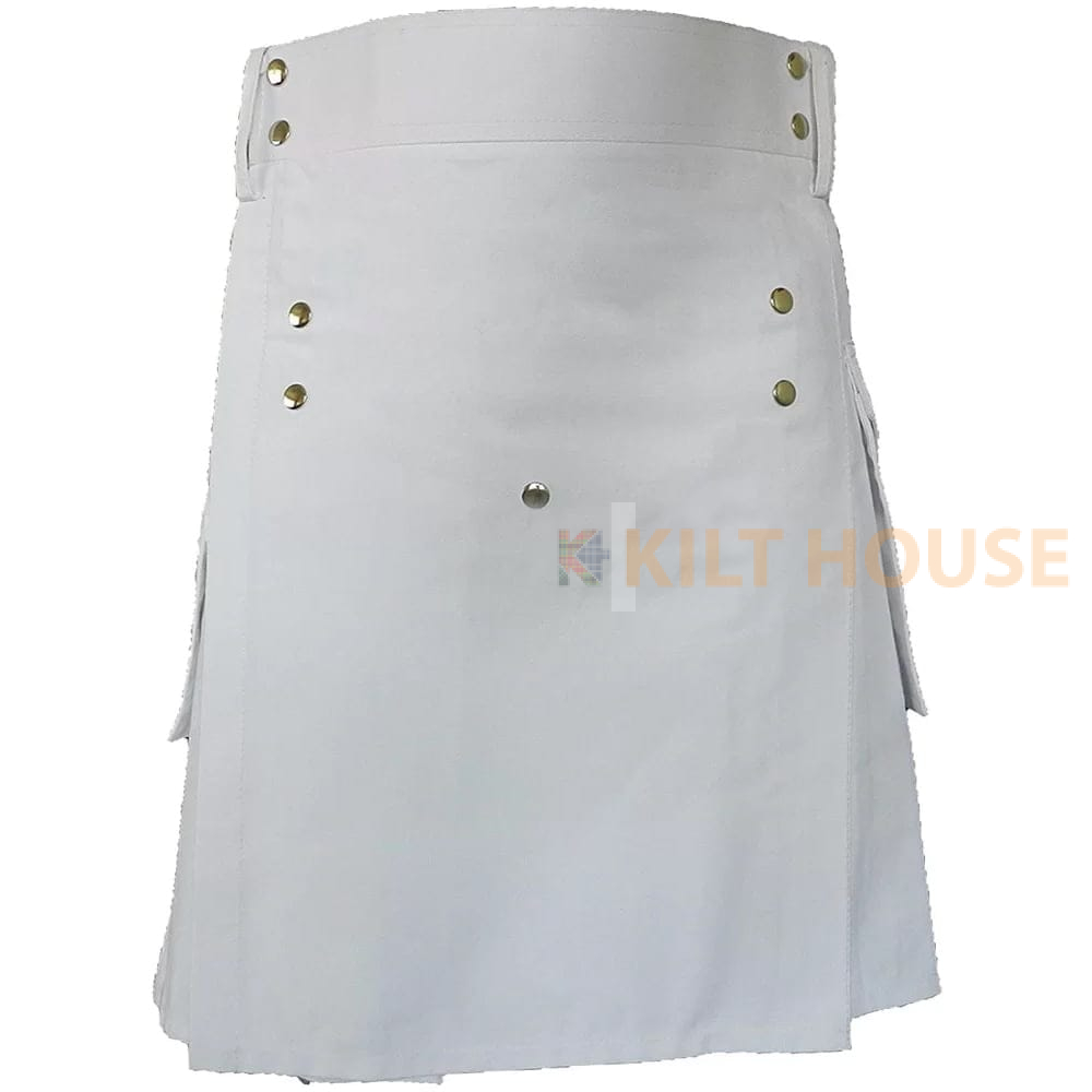 white-cotton-with-buttons-1.jpg Men's White Cotton Utility Kilt with Front Buttons - Image 1